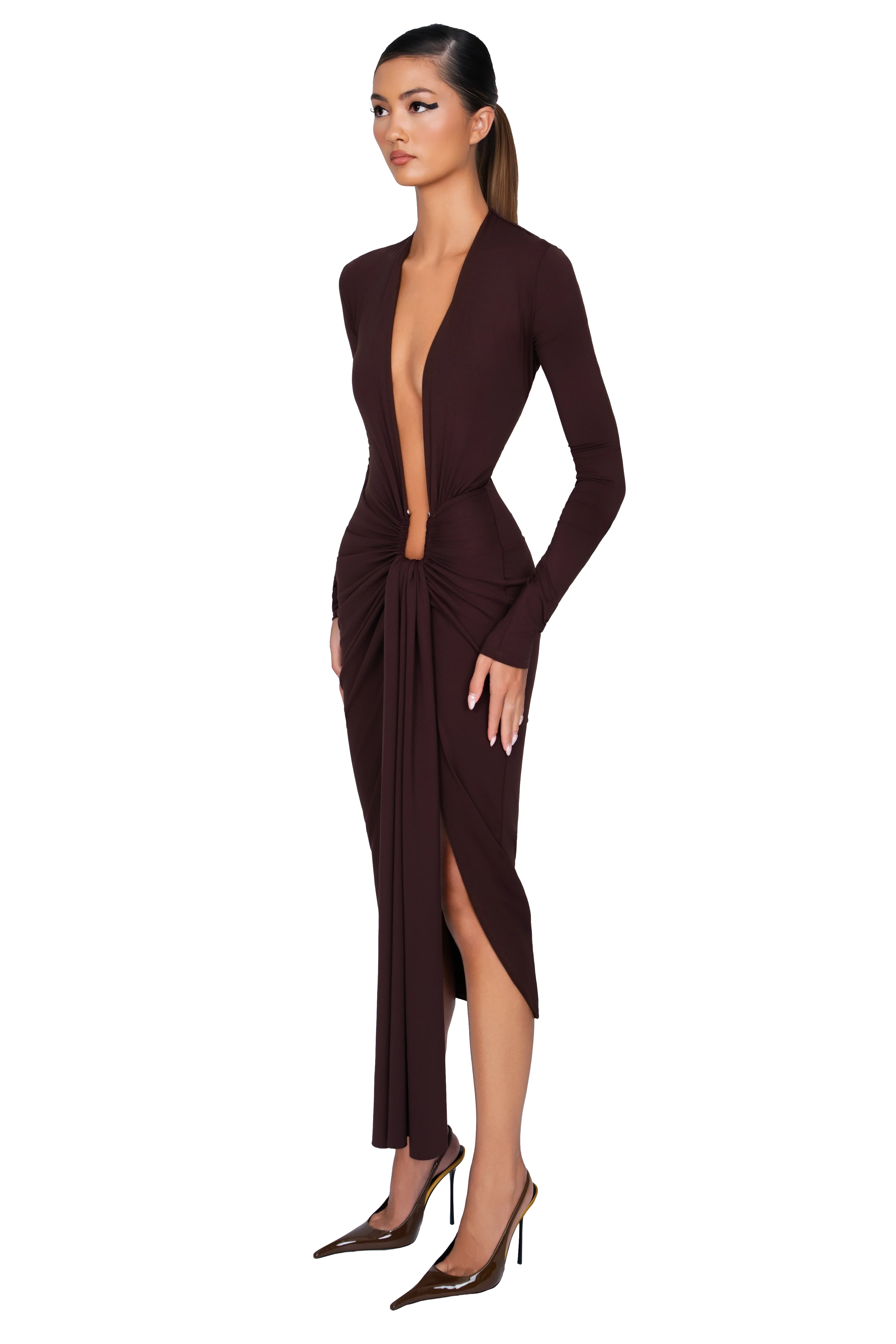 Noxra Deep Plunge Dress - Cocoa Noir - Image 2